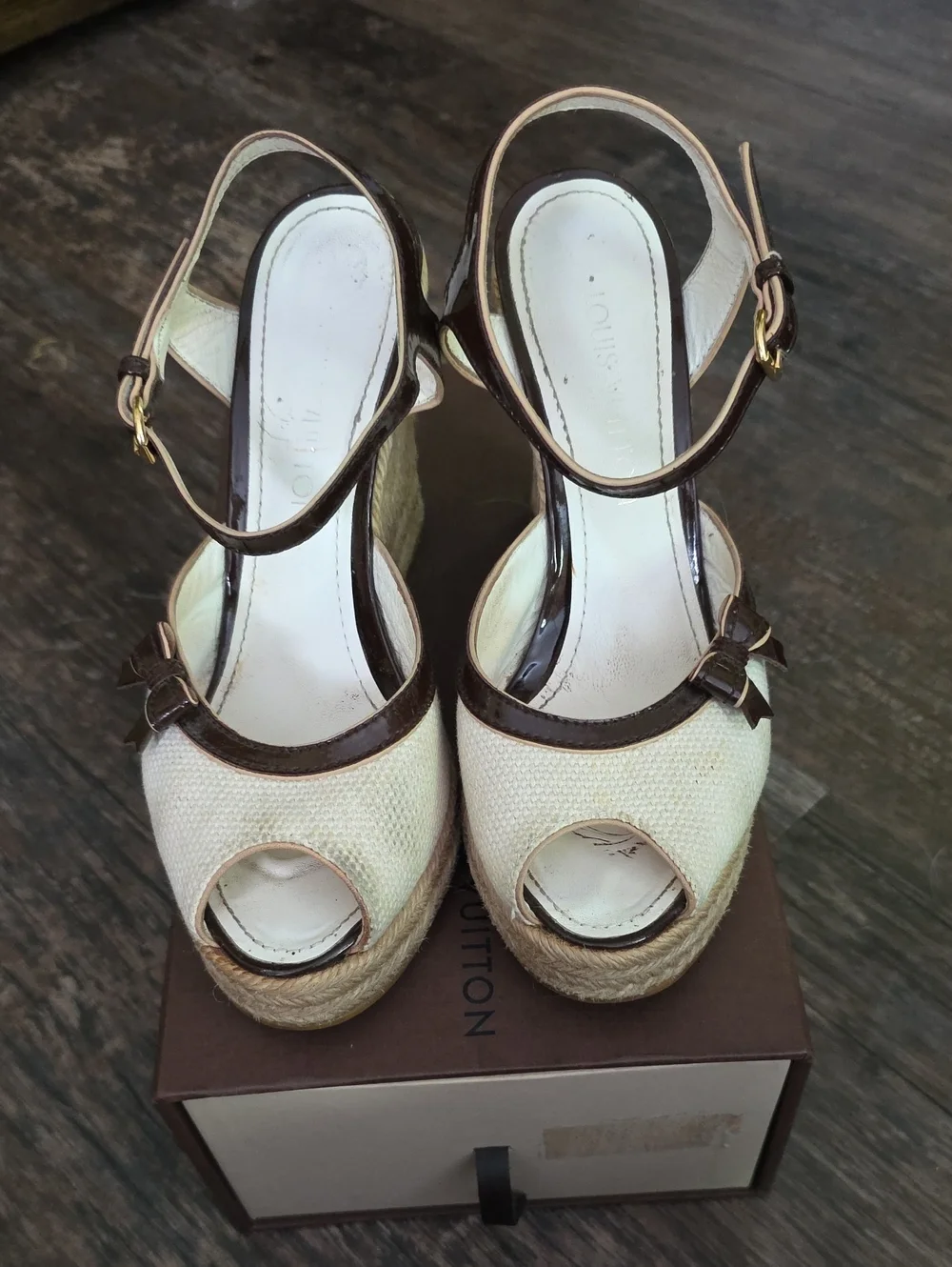 Louis Vuitton Cream and Brown Peep-Toe Wedge Sandals Size 38 - Picture 1 of 11